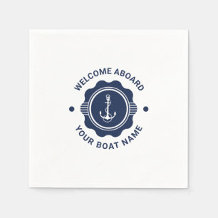 Navy blue and white nautical boat wheel and anchor napkin