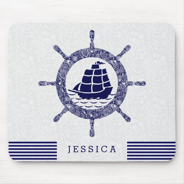 Navy Blue And White Nautical Boat Wheel Mouse Pad (Front)
