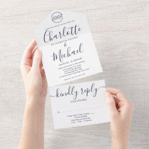 Navy Blue And White Nautical Knot Script Wedding All In One Invitation