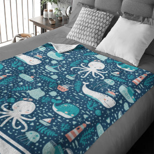 Navy Blue and White Nautical Ocean Pattern Boy Fleece Blanket