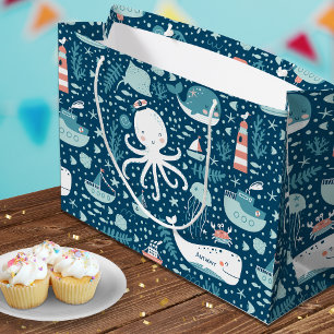 Navy Blue and White Nautical Ocean Pattern Boy Large Gift Bag