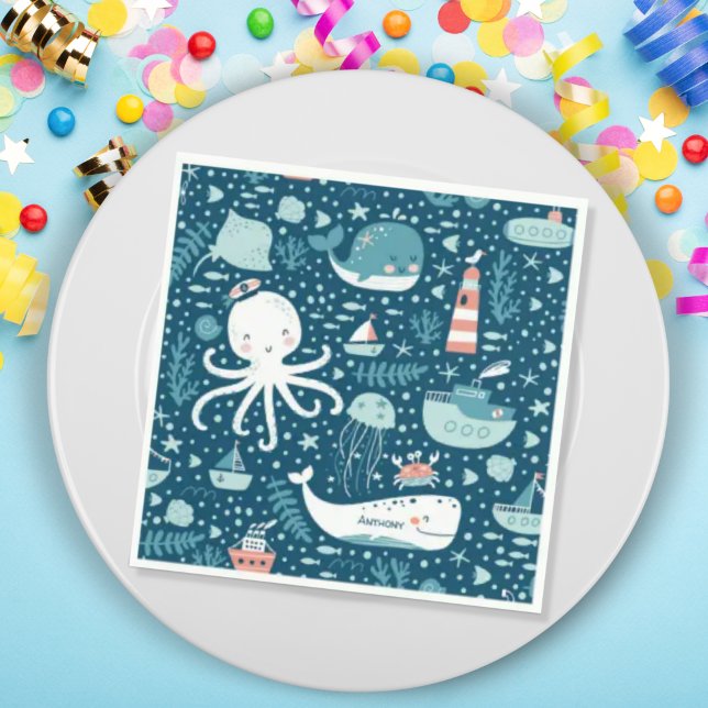 Navy Blue and White Nautical Ocean Pattern Boy Napkin (Creator Uploaded)