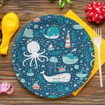 Navy Blue and White Nautical Ocean Pattern Boy Paper Plate<br><div class="desc">Add a custom nautical touch to your little kid's birthday party with this adorable ocean set of paper plates. Each plate has a pattern of a whale, octopus, sailboat, steam boat, jellyfish, submarine, and lighthouse on a navy blue background. Plate may be personalized with the first name of your kid....</div>