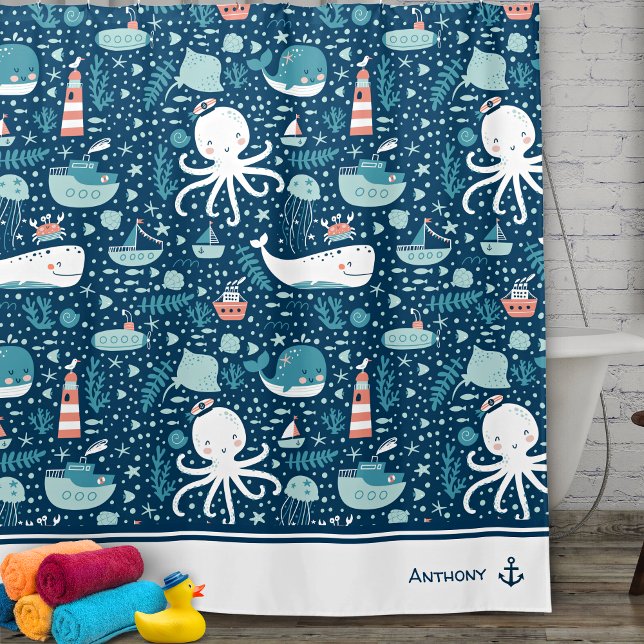 Navy Blue and White Nautical Pattern Boy Bathroom (Creator Uploaded)