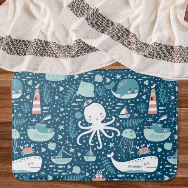 Navy Blue and White Nautical Pattern Boy Bathroom Bath Mat (Creator Uploaded)