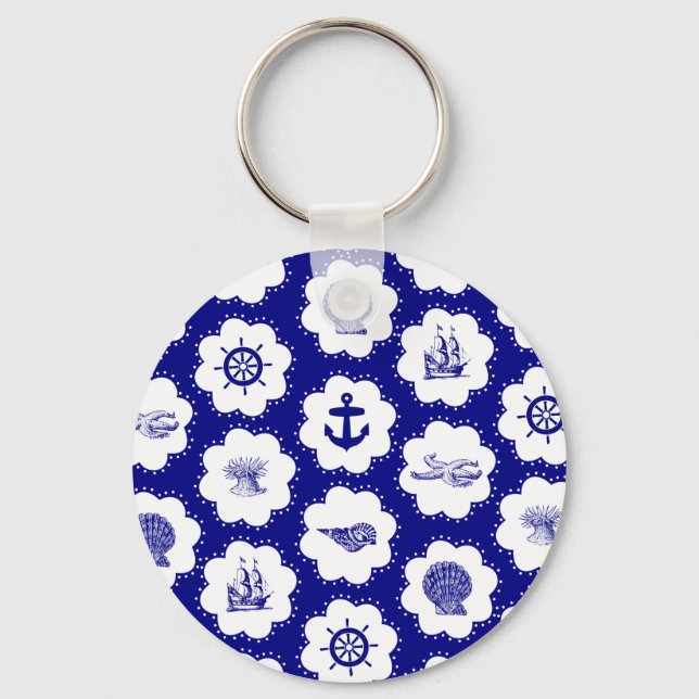 Navy Blue and White Nautical Pattern Keychain (Front)