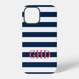 Navy blue and white nautical stripes custom name iPhone 12 case