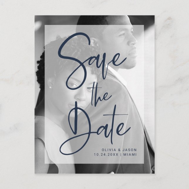 Navy Blue and White Overlay | Photo Save the Date Announcement Postcard (Front)