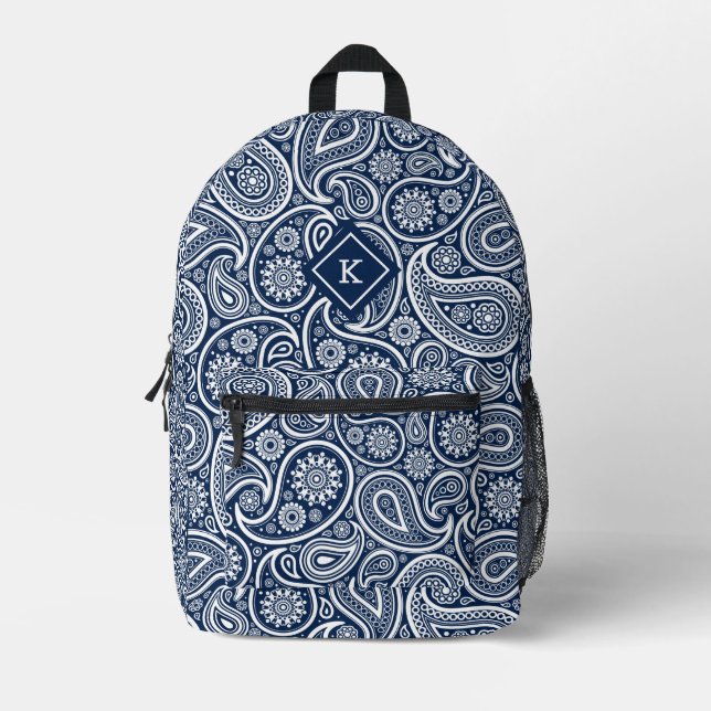 Navy-blue and white paisley pattern monogram printed backpack (Front)