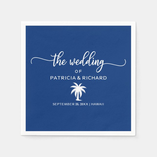 Navy Blue and White Palm Tree Destination Wedding Napkin (Front)