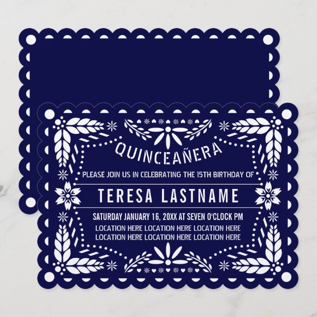 Navy blue and white papel picado Quinceañera Invitation (Front/Back)