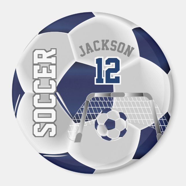 Navy Blue and White Personalize Soccer Ball Magnet (Front)
