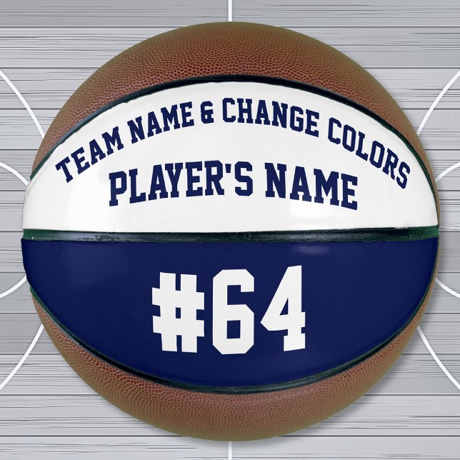 Navy Blue and White Personalized Basketball Ball (Senior Night gifts for basketball. Blue White, Custom Printed Basketball. Basketball Birthday Gifts.)