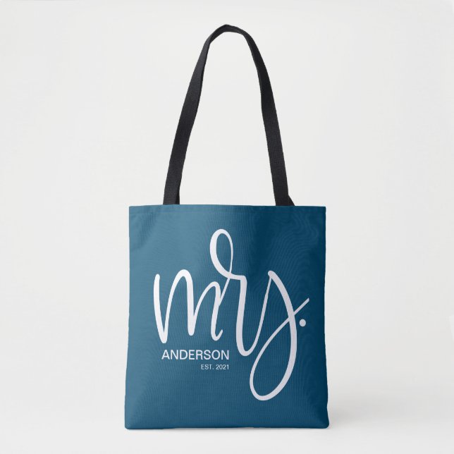 Navy Blue and white personalized Mrs. ESTABLISHED Tote Bag (Front)