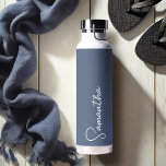 Navy Blue and White Personalized Water Bottle<br><div class="desc">This personalized insulated bottle features your name in white script typography over a navy blue background. Great for keeping those summertime drinks cold or for adding warm feeling for your loved ones over the cold months! Makes a great gift for her! Font styles, and colours can easily be customized by...</div>