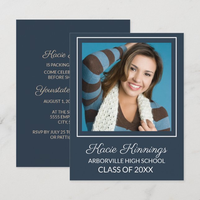 Navy Blue and White Photo Trunk Party Invitation (Front/Back)