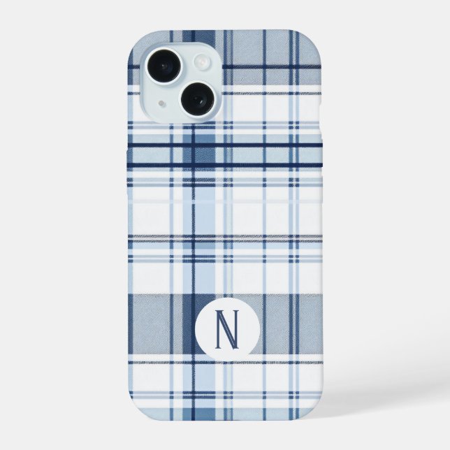 Navy Blue and White Plaid Pattern iPhone 15 Case (Back)