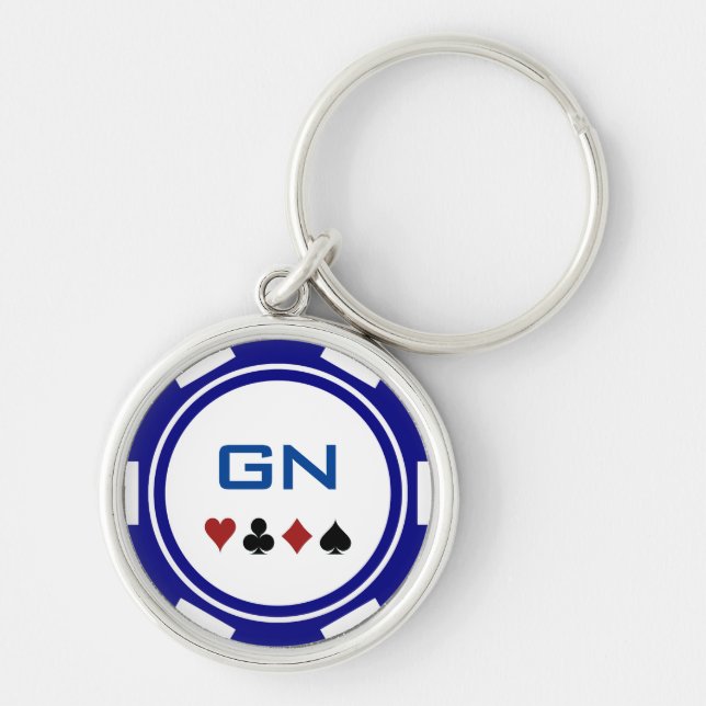 Navy Blue And White Poker Chip Casino Las Vegas Keychain (Front)