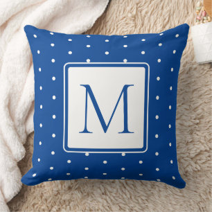 Navy Blue and White Polka Dot Monogram Throw Pillow
