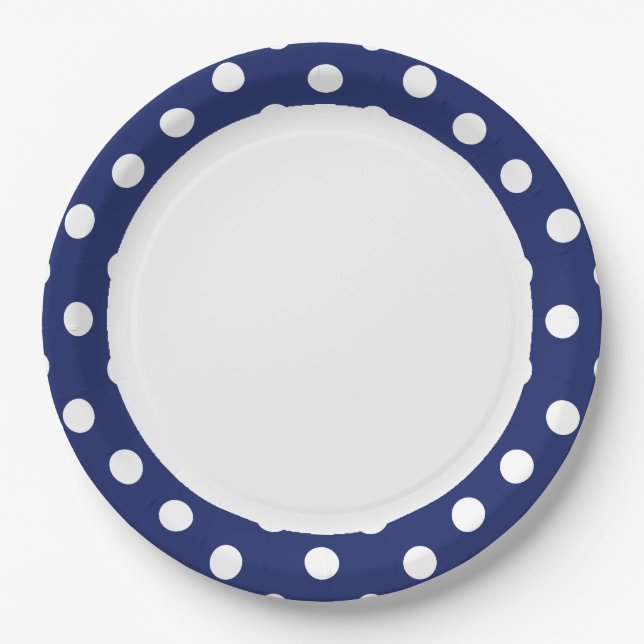 Navy Blue and White Polka Dot Pattern Paper Plate (Front)