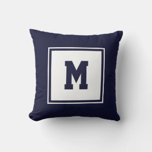 Navy Blue and White Preppy Square Monogram Custom Throw Pillow