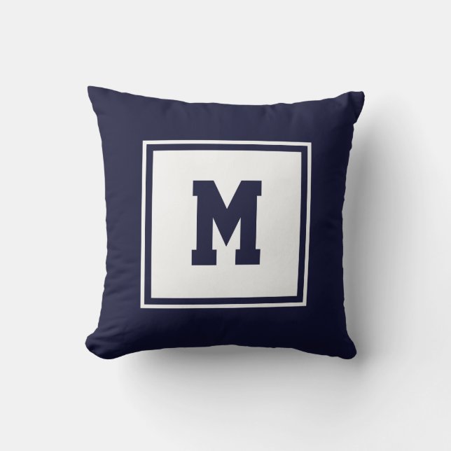 Navy Blue and White Preppy Square Monogram Custom Throw Pillow (Front)