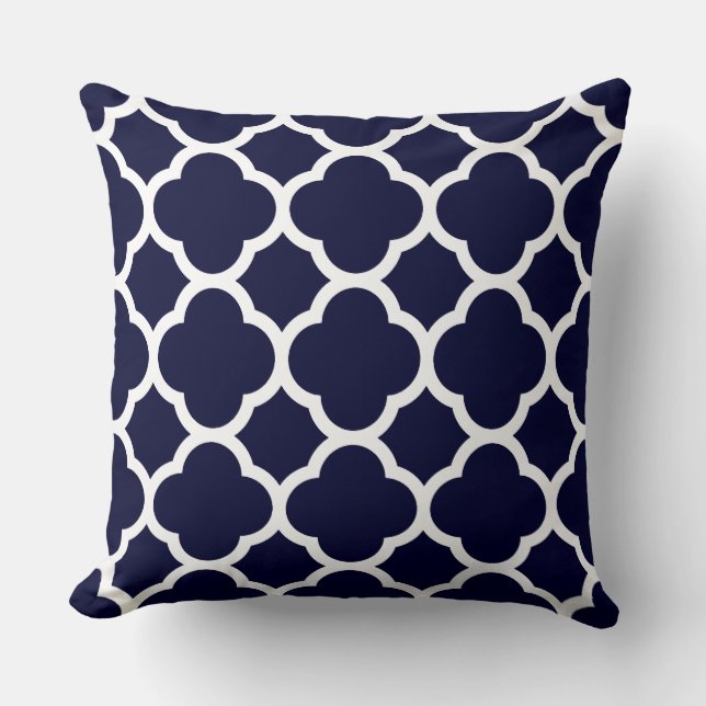 Navy Blue and White Quatrefoil Pattern Throw Pillow (Front)