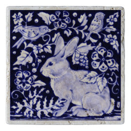Navy Blue and White Rabbit Bird Stone Tile Trivet