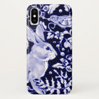 Navy Blue and White Rabbit Bunny Bird Chinoiserie