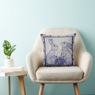 Navy Blue and White Rabbit Tile Pillow Dedham Cute