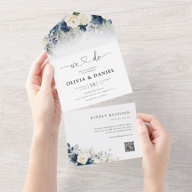 Navy Blue and White Rose Wedding  All In One Invitation (Tearaway)