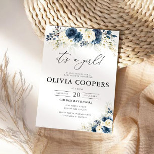 Navy Blue and White Roses Baby Shower Invitation