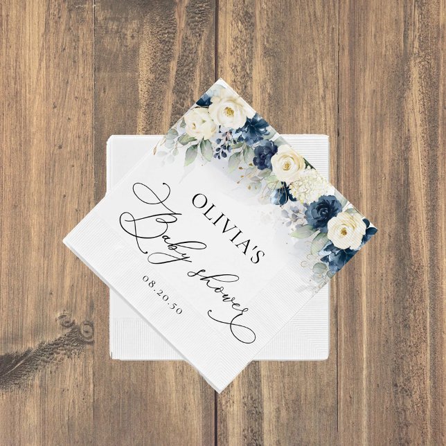 Navy Blue and White Roses Baby Shower Paper Napkin (Creator Uploaded)