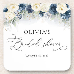 Navy Blue and White Roses Bridal Shower Coaster