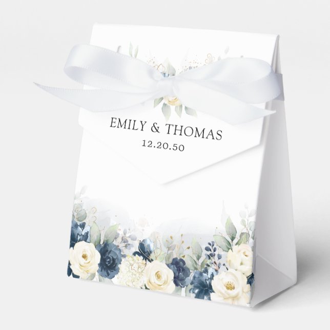 Navy Blue and White Roses Wedding Favour Box (Front Side)