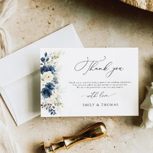 Navy Blue and White Roses Wedding Flat Thank You Card