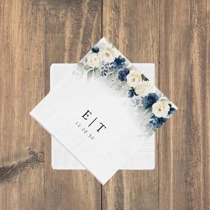 Navy Blue and White Roses  Wedding Napkins