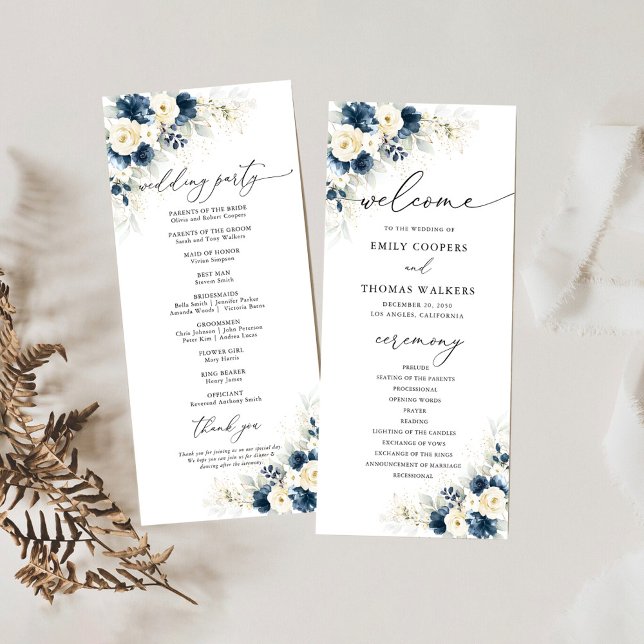 Navy Blue and White Roses Wedding Program (Creator Uploaded)