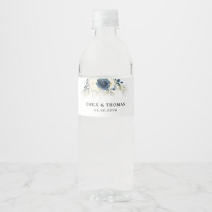 Navy Blue and White Roses Wedding Water Bottle Label