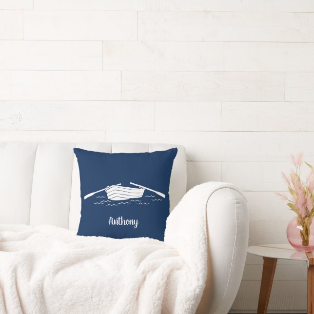 Navy Blue and White Rowboat Personalized Throw Pillow (Couch)