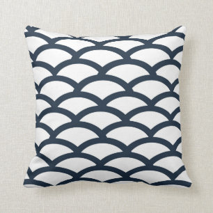 Navy Blue and White Scallop Pattern Pillow