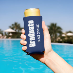Navy Blue and White School Colours Graduate Seltzer Can Cooler