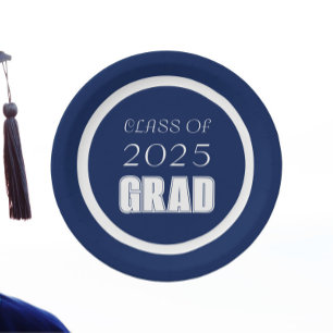 Navy Blue and White School Colours Graduation Paper Plate