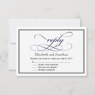 Navy Blue and White Script Wedding Reply Card