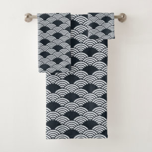 Navy blue and white Seigaiha waves pattern Bath Towel Set