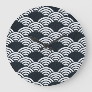 Navy blue and white Seigaiha waves pattern Large Clock