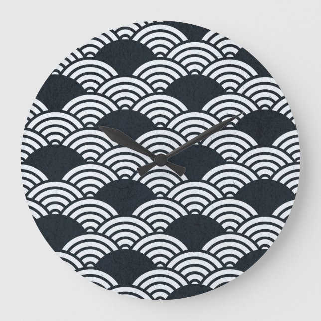 Navy blue and white Seigaiha waves pattern Large Clock (Front)