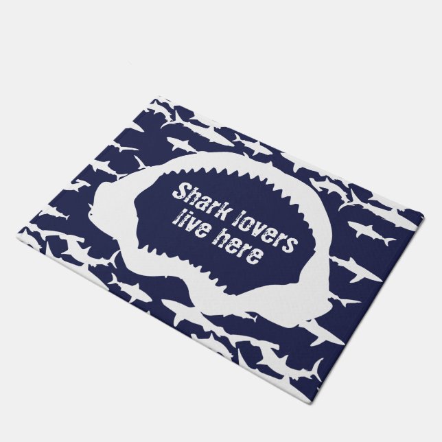 Navy Blue and White Shark Jaws and Teeth Print Doormat (Angled)