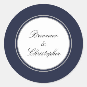 Navy Blue and White Simple Elegant Wedding Classic Round Sticker