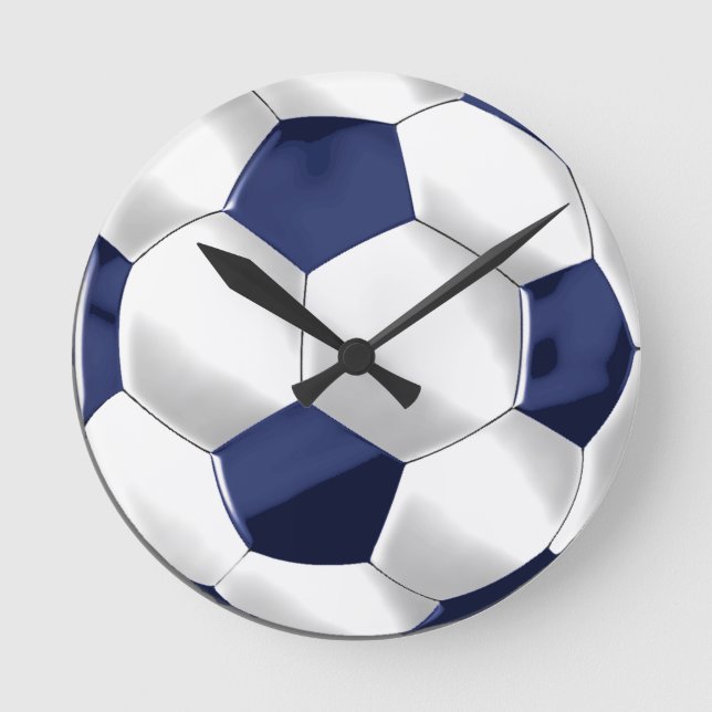 Navy Blue and White Soccer Ball Round Clock (Front)